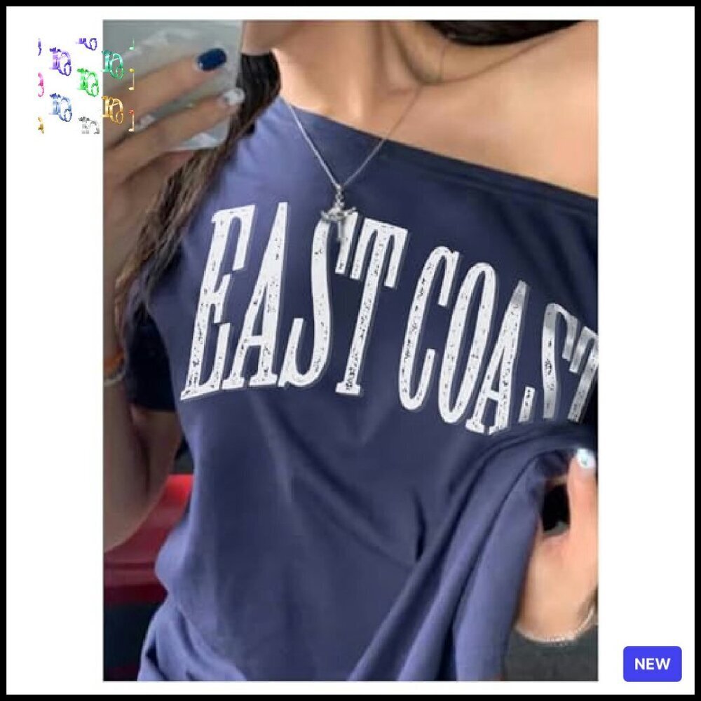 Oversized Off Shoulder Graphic Tee Y2K Vintage Retro Trendy Casual Top - Picture 4 of 4